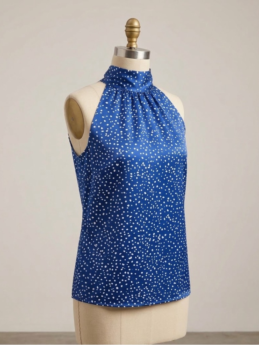 Blue Polka Dot Halter Neck Women's Top petite L